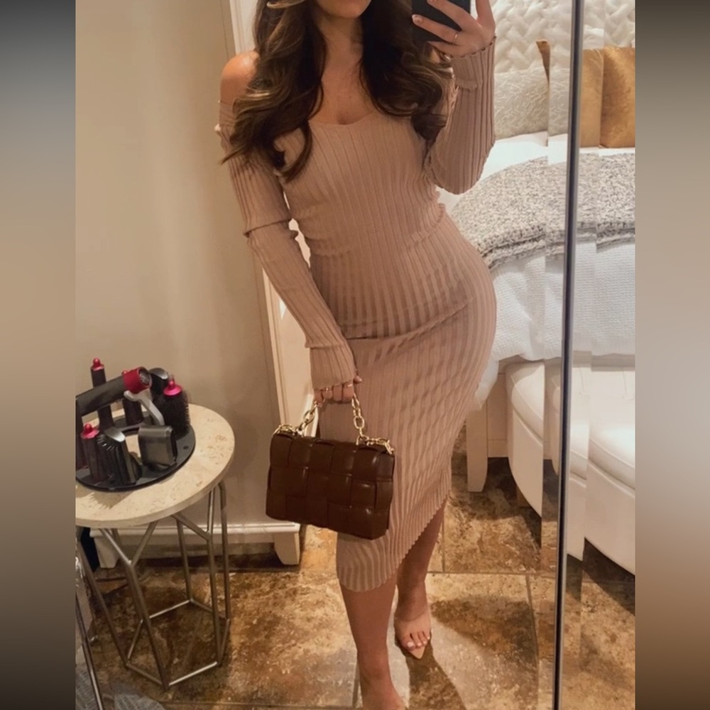 Elegant Tan Off-Shoulder Dress